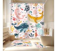 LGhtyro 4PCS Kids Whale Pink 71Wx71H Inches Ocean Cartoon Fish Underwater Sealife Shower Curtain Sets with Rugs,Toilet Lid Cover and Bath Mat, Cute Bath Accessories Art Home Decor Fabric 12 Pack Hooks