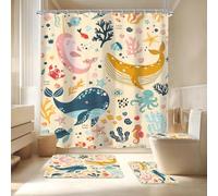 LGhtyro 4PCS Kids Whale Yellow 71Wx71H Inches Ocean Cartoon Underwater Sealife Shower Curtain Sets with Rugs,Toilet Lid Cover and Bath Mat,Cute Bath Accessories Art Home Decor Fabric 12 Pack Hooks