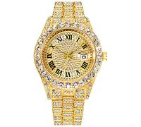 LGXIGE Mens Ice Out Watches Big Rocks with Roman Numerals Fully Colorful Dial Gold Watch, Gold, Modern