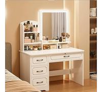 LGYWPA Dressing Table, Vanity Desk with Lighted Mirror and Lights, 3-Colour LED Lights, Makeup Desk with 4 Large Drawers and 3 Shelves Storage, Modern Makeup Table for Bedroom, White,square mirror