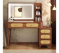 LGYWPA Dressing Table with 3 Color Adjustable Brightness LED Lights Mirror, Vanity Table for Bedroom with 4-5 Large Drawers and 3 Shelves Storage, Wooden Modern Makeup Vanity Desk,100cm