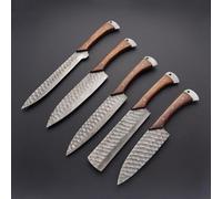 LH LIMASSOL Handmade Damascus Steel Kitchen Knife Set with Leather case Cooking Knives Gift for Her Kitchen and Dining - 5PCs (Damascus Steel)