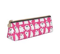 LHAHDG Cute Ghosts Pattern Pumpkin Halloween in Pink Theme Leather Pencil Case Zipper Pen Case Pouch Waterproof Travel Makeup Pouch Large Capacity for Women Men