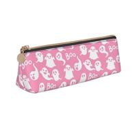 LHAHDG Halloween 2023 Pink Cute Ghosts Pattern Leather Pencil Case Zipper Pen Case Pouch Waterproof Travel Makeup Pouch Large Capacity for Women Men