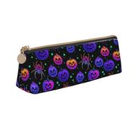 LHAHDG Halloween Purple Pumpkin Bat Scary Themed Leather Pencil Case Zipper Pen Case Pouch Waterproof Travel Makeup Pouch Large Capacity for Women Men