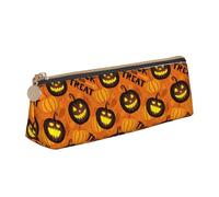 LHAHDG Halloween Trick Or Treat Pumpkins Leather Pencil Case Zipper Pen Case Pouch Waterproof Travel Makeup Pouch Large Capacity for Women Men