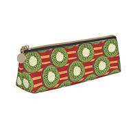 LHAHDG Kiwi Fruit Red Stripe Pattern Leather Pencil Case Zipper Pen Case Pouch Waterproof Travel Makeup Pouch Large Capacity for Women Men