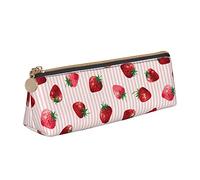 LHAHDG Pink Strawberry with Strip Leather Pencil Case Zipper Pen Case Pouch Waterproof Travel Makeup Pouch Large Capacity for Women Men