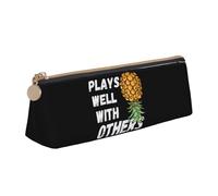 LHAHDG Plays Well with Others Upside Down Pineapple Leather Pencil Case Zipper Pen Case Pouch Waterproof Travel Makeup Pouch Large Capacity for Women Men