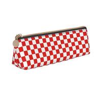 LHAHDG Red and White Checkered Pattern Leather Pencil Case Zipper Pen Case Pouch Waterproof Travel Makeup Pouch Large Capacity for Women Men