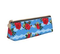 LHAHDG Red Blue Rose Pattern Leather Pencil Case Zipper Pen Case Pouch Waterproof Travel Makeup Pouch Large Capacity for Women Men