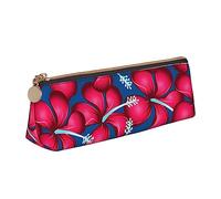 LHAHDG Red Tropical Hibiscus Flowers with Blue Leather Pencil Case Zipper Pen Case Pouch Waterproof Travel Makeup Pouch Large Capacity for Women Men