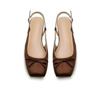 Lhamo Latso Women's Ballet Flats Slingbacks Square Toe Bow Knit Dressy Flat Shoes with Ankle Buckles Satin, Coffee, 8 UK