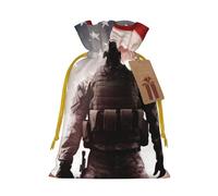 LHBWCVN American Flag Soldier Christmas Drawstring Gift Bags with Tags, Xmas Gift Bags with Yellow Christmas Ribbon, Reusable Gift Wrapping Bag Fabric Goody Gift Sacks for Party Presents Decorations
