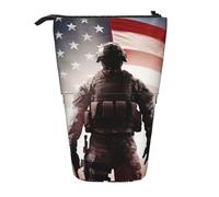 LHBWCVN American Flag Soldier Cosmetics Bag Standing Pencil Case Telescopic Pencil Bag Portable Pencil Holder Cute Stand up Pencil Pouch for Women Men Travel Coin Pouch Purse