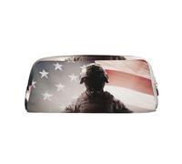 LHBWCVN American Flag Soldier Pencil Case Large Capacity Pencil Pouch Aesthetic Pen Bag Leather Makeup Bag for Women Men Travel Toiletry Bags Zipper Cosmetic Bag Wide-open Coin Pouch Purse