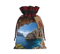 LHBWCVN Arch in Mallorca Spain Christmas Drawstring Gift Bags with Tags, Buffalo Plaid Xmas Gift Bags Reusable Gift Wrapping Bag Christmas Fabric Goody Gift Sacks for Party Presents Decorations