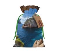 LHBWCVN Arch in Mallorca Spain Christmas Drawstring Gift Bags with Tags, Xmas Gift Bags with Green Christmas Ribbon, Reusable Gift Wrapping Bag Fabric Goody Gift Sacks for Party Presents Decorations