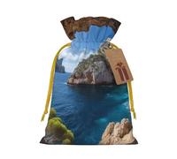 LHBWCVN Arch in Mallorca Spain Christmas Drawstring Gift Bags with Tags, Xmas Gift Bags with Yellow Christmas Ribbon, Reusable Gift Wrapping Bag Fabric Goody Gift Sacks for Party Presents Decorations
