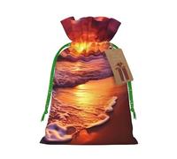 LHBWCVN beautiful beach sunset Christmas Drawstring Gift Bags with Tags, Xmas Gift Bags with Green Christmas Ribbon, Reusable Gift Wrapping Bag Fabric Goody Gift Sacks for Party Presents Decorations
