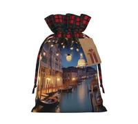 LHBWCVN beautiful venice at night Christmas Drawstring Gift Bags with Tags, Buffalo Plaid Xmas Gift Bags Reusable Gift Wrapping Bag Christmas Fabric Goody Gift Sacks for Party Presents Decorations