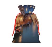 LHBWCVN beautiful venice at night Christmas Drawstring Gift Bags with Tags, Xmas Gift Bags with Red Christmas Ribbon, Reusable Gift Wrapping Bag Fabric Goody Gift Sacks for Party Presents Decorations