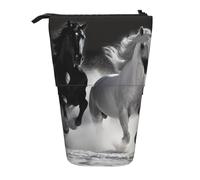 LHBWCVN Black and White Horses Running Cosmetics Bag Standing Pencil Case Telescopic Pencil Bag Portable Pencil Holder Cute Stand up Pencil Pouch for Women Men Travel Coin Pouch Purse