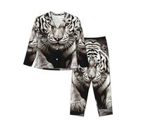 LHBWCVN Black and White Tiger Womens Pajamas Set Long Sleeve Button Down Sleepwear Soft Cotton Pj Lounge Sets S-XXL, Black, XL
