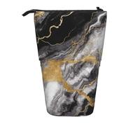 LHBWCVN Black White Gold Foil Marble Cosmetics Bag Standing Pencil Case Telescopic Pencil Bag Portable Pencil Holder Cute Stand up Pencil Pouch for Women Men Travel Coin Pouch Purse