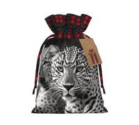 LHBWCVN Black White Leopard Animal Christmas Drawstring Gift Bags with Tags, Buffalo Plaid Xmas Gift Bags Reusable Gift Wrapping Bag Christmas Fabric Goody Gift Sacks for Party Presents Decorations