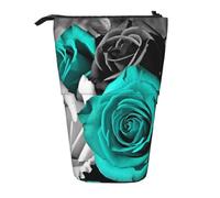 LHBWCVN Black White Teal Gray Rose Flowers Cosmetics Bag Standing Pencil Case Telescopic Pencil Bag Portable Pencil Holder Cute Stand up Pencil Pouch for Women Men Travel Coin Pouch Purse