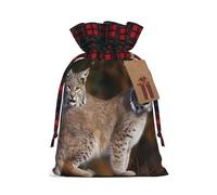 LHBWCVN Canada Lynx Christmas Drawstring Gift Bags with Tags, Buffalo Plaid Xmas Gift Bags Reusable Gift Wrapping Bag Christmas Fabric Goody Gift Sacks for Party Presents Decorations