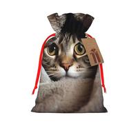 LHBWCVN Cat Under Blanket Christmas Drawstring Gift Bags with Tags, Xmas Gift Bags with Red Ribbon, Reusable Gift Wrapping Bag Fabric Goody Gift Sacks for Party Presents Decorations