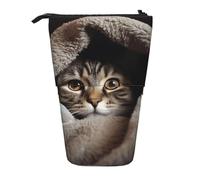 LHBWCVN Cat Under Blanket Cosmetics Bag Standing Pencil Case Telescopic Pencil Bag Portable Pencil Holder Cute Stand up Pencil Pouch for Women Men Travel Coin Pouch Purse