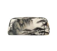 LHBWCVN Chinese Landscape Painting Pencil Case Large Capacity Pencil Pouch Aesthetic Pen Bag Leather Makeup Bag for Women Men Travel Toiletry Bags Zipper Cosmetic Bag Wide-open Coin Pouch Purse