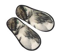 LHBWCVN Chinese Landscape Painting Slipper Fuzzy Memory Foam House Slippers for Women Men Slip-on Warm Plush Trendy Bedroom Slippers Casual Indoor Outdoor House Shoes, Black, Large