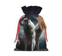 LHBWCVN - Christmas gift bags drawstring wolf at night with tags, christmas gift bags with red christmas ribbon, reusable bag for wrapping party favors