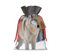 LHBWCVN - Christmas gift bags drawstring wolf in the snow with tags, Christmas gift bags with red ribbon, reusable fabric gift bag, gift bags for parties and