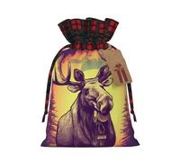 LHBWCVN Cool Moose Christmas Drawstring Gift Bags with Tags, Buffalo Plaid Xmas Gift Bags Reusable Gift Wrapping Bag Christmas Fabric Goody Gift Sacks for Party Presents Decorations