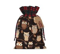 LHBWCVN Cute Brown Cartoon Owls Christmas Drawstring Gift Bags with Tags, Buffalo Plaid Xmas Gift Bags Reusable Gift Wrapping Bag Christmas Fabric Goody Gift Sacks for Party Presents Decorations