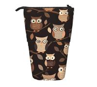 LHBWCVN Cute Brown Cartoon Owls Cosmetics Bag Standing Pencil Case Telescopic Pencil Bag Portable Pencil Holder Cute Stand up Pencil Pouch for Women Men Travel Coin Pouch Purse