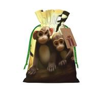 LHBWCVN Cute Couple Monkey Christmas Drawstring Gift Bags with Tags, Xmas Gift Bags with Green Christmas Ribbon, Reusable Gift Wrapping Bag Fabric Goody Gift Sacks for Party Presents Decorations