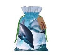 LHBWCVN Cute Dolphin Christmas Drawstring Gift Bags with Tags, Xmas Gift Bags with Green Christmas Ribbon, Reusable Gift Wrapping Bag Fabric Goody Gift Sacks for Party Presents Decorations