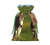 LHBWCVN Donkey on green meadow Christmas Drawstring Gift Bags with Tags, Xmas Gift Bags with Green Christmas Ribbon, Reusable Gift Wrapping Bag Fabric Goody Gift Sacks for Party Presents Decorations
