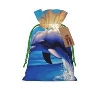 LHBWCVN Elegant dolphin Christmas Drawstring Gift Bags with Tags, Xmas Gift Bags with Green Christmas Ribbon, Reusable Gift Wrapping Bag Fabric Goody Gift Sacks for Party Presents Decorations