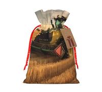 LHBWCVN Farm Tractor Harvest Christmas Drawstring Gift Bags with Tags, Xmas Gift Bags with Red Christmas Ribbon, Reusable Gift Wrapping Bag Fabric Goody Gift Sacks for Party Presents Decorations