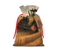 LHBWCVN Farm Tractor Harvest Christmas Drawstring Gift Bags with Tags, Xmas Gift Bags with Red Ribbon, Reusable Gift Wrapping Bag Fabric Goody Gift Sacks for Party Presents Decorations