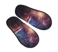 LHBWCVN Firework American Flag 4Th of July Slipper Fuzzy Memory Foam House Slippers for Women Men Slip-on Warm Plush Trendy Bedroom Slippers Casual Indoor Outdoor House Shoes, Black, Medium