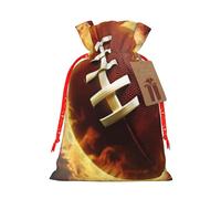 LHBWCVN Flaming American Football Christmas Drawstring Gift Bags with Tags, Xmas Gift Bags with Red Christmas Ribbon, Reusable Gift Wrapping Bag Fabric Goody Gift Sacks for Party Presents Decorations