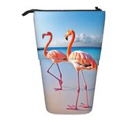 LHBWCVN Flamingo on Beach Cosmetics Bag Standing Pencil Case Telescopic Pencil Bag Portable Pencil Holder Cute Stand up Pencil Pouch for Women Men Travel Coin Pouch Purse